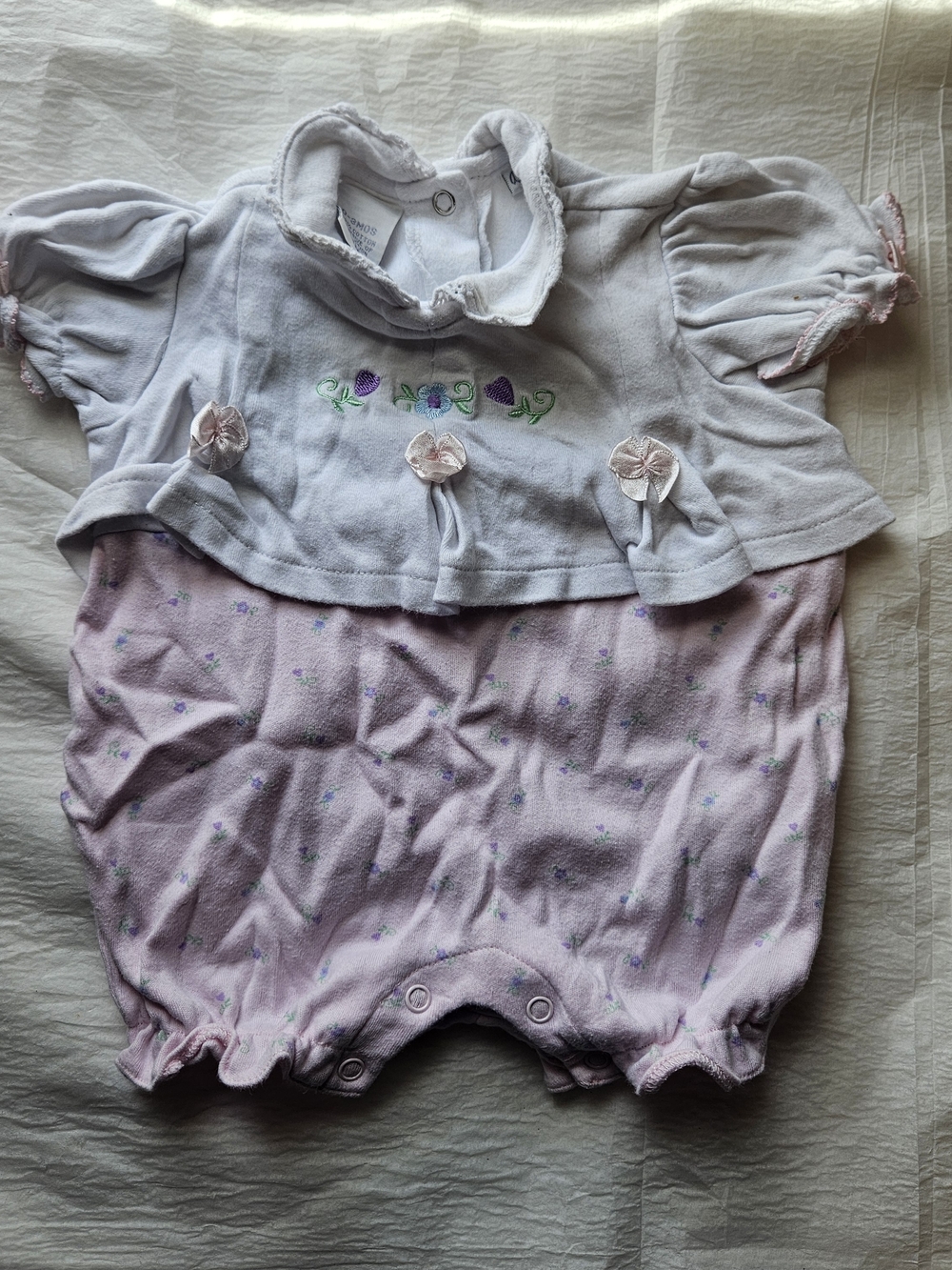 Baby Girls Pink & White Floral Romper with Embroidered Bodice